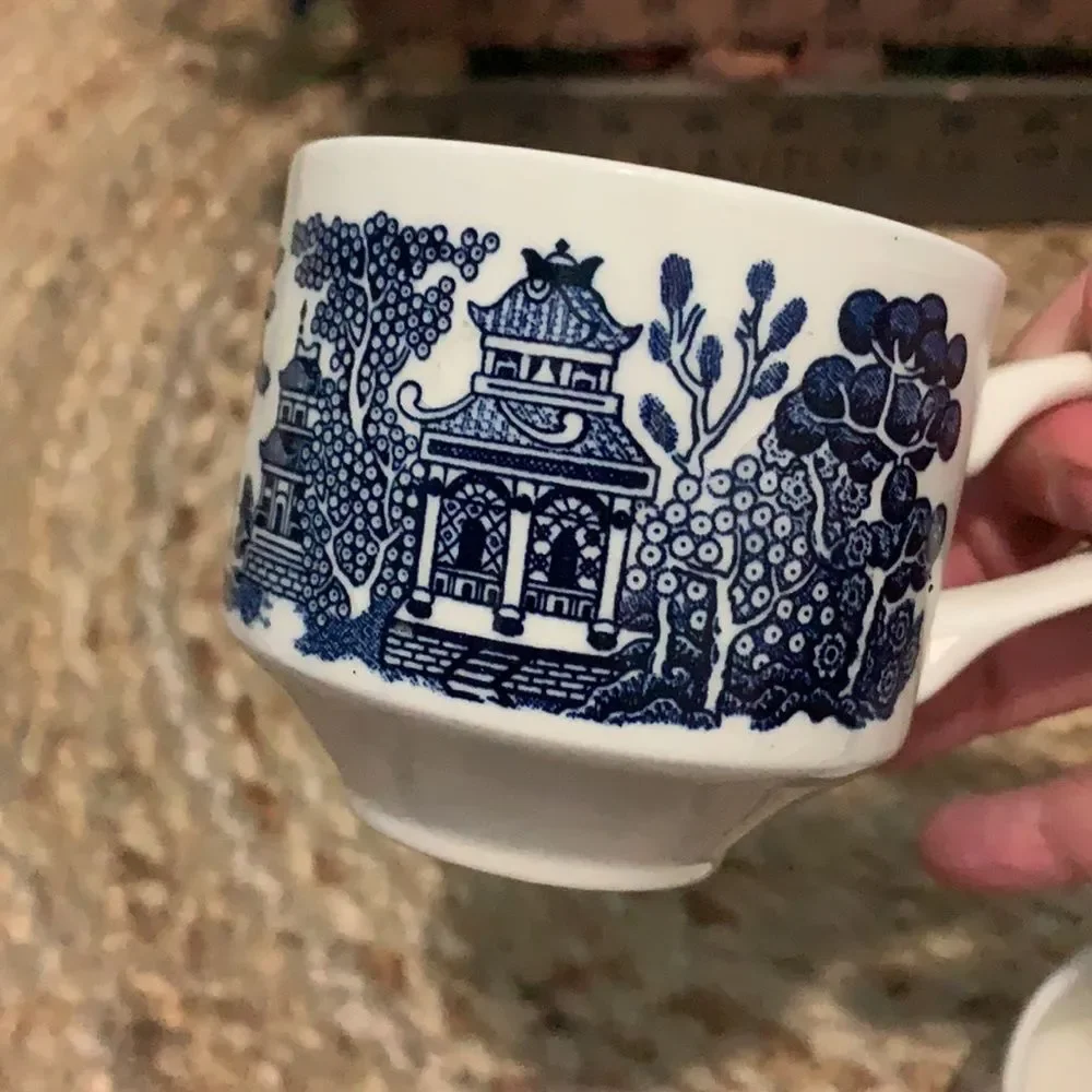 Vintage Churchill England Blue Willow Flat Tea Cup 3 Inch Stackable Ceramic
